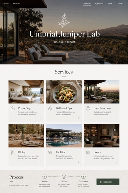 Hospitality website design for United States, showing a clear opening, service information, supporting content, and a focused inquiry action.