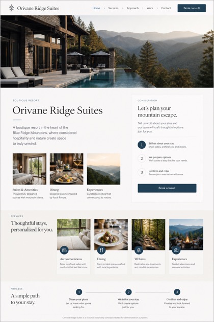 Hospitality website design for United States, showing a clear opening, service information, supporting content, and a focused inquiry action.
