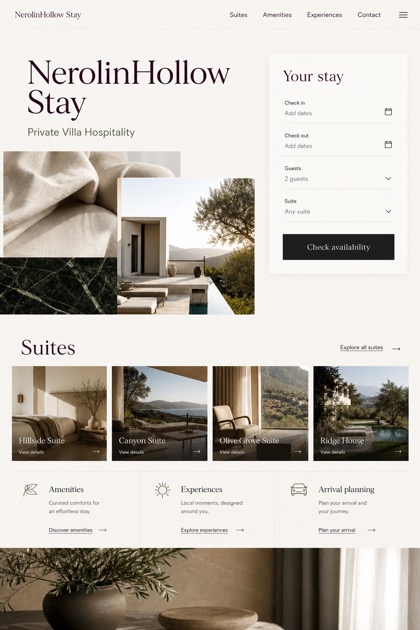 Hospitality website design for United States, showing a clear opening, service information, supporting content, and a focused inquiry action.