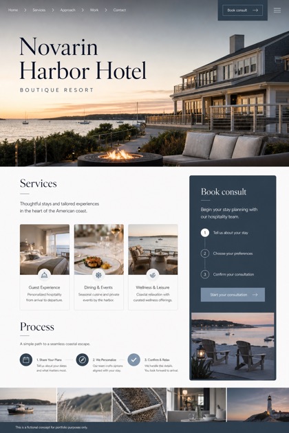 Hospitality website design for United States, showing a clear opening, service information, supporting content, and a focused inquiry action.