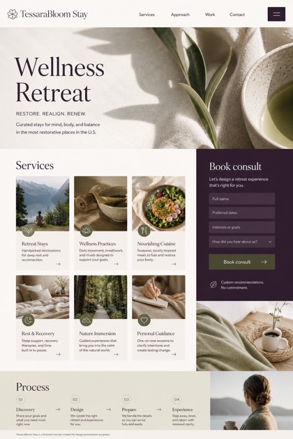 Hospitality website design for United States, showing a clear opening, service information, supporting content, and a focused inquiry action.
