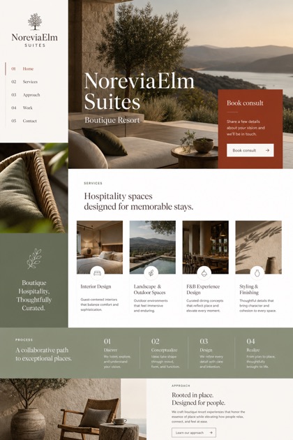 Hospitality website design for United States, showing a clear opening, service information, supporting content, and a focused inquiry action.
