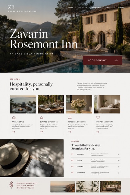 Hospitality website design for United States, showing a clear opening, service information, supporting content, and a focused inquiry action.