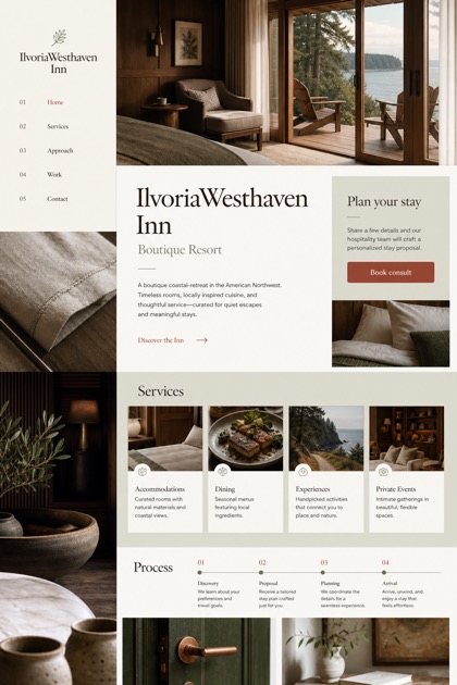 Hospitality website design for United States, showing a clear opening, service information, supporting content, and a focused inquiry action.