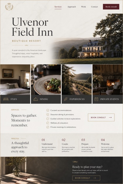 Hospitality website design for United States, showing a clear opening, service information, supporting content, and a focused inquiry action.