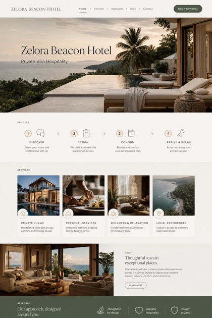 Hospitality website design for United States, showing a clear opening, service information, supporting content, and a focused inquiry action.