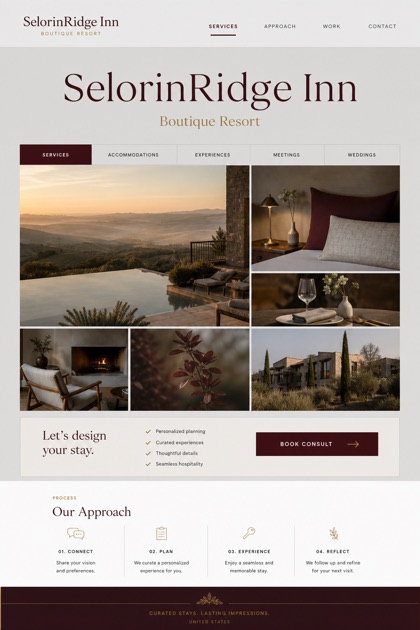 Hospitality website design for United States, showing a clear opening, service information, supporting content, and a focused inquiry action.