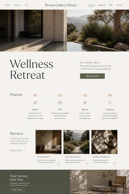 Hospitality website design for United States, showing a clear opening, service information, supporting content, and a focused inquiry action.
