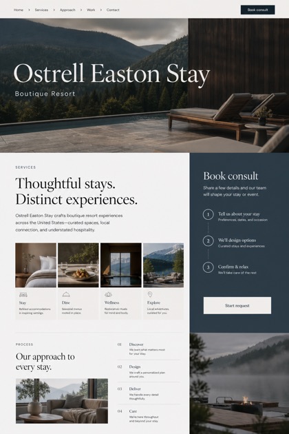 Hospitality website design for United States, showing a clear opening, service information, supporting content, and a focused inquiry action.