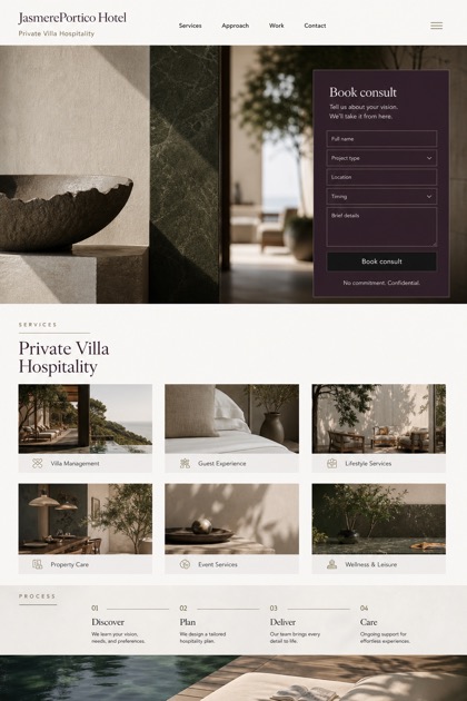 Hospitality website design for United States, showing a clear opening, service information, supporting content, and a focused inquiry action.