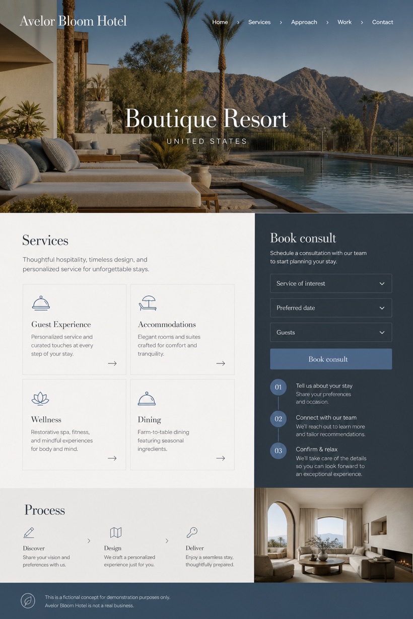 Hospitality website design for United States, showing a clear opening, service information, supporting content, and a focused inquiry action.