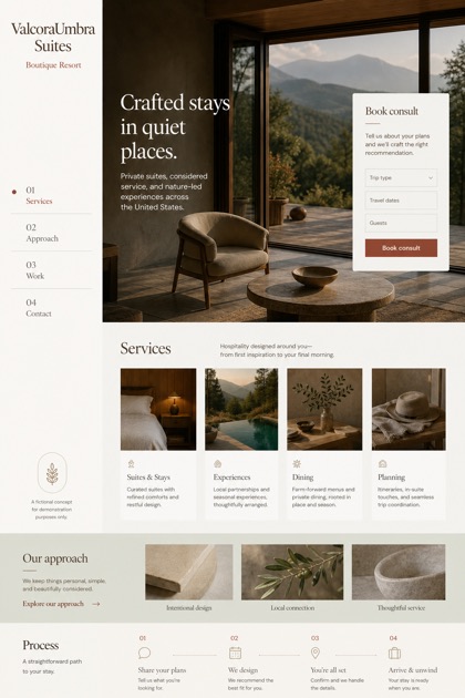 Hospitality website design for United States, showing a clear opening, service information, supporting content, and a focused inquiry action.