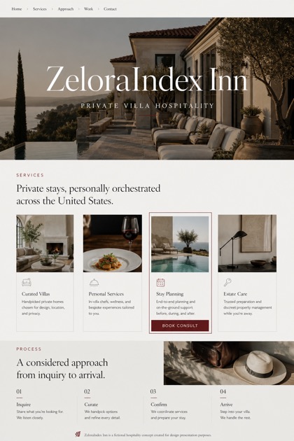 Hospitality website design for United States, showing a clear opening, service information, supporting content, and a focused inquiry action.