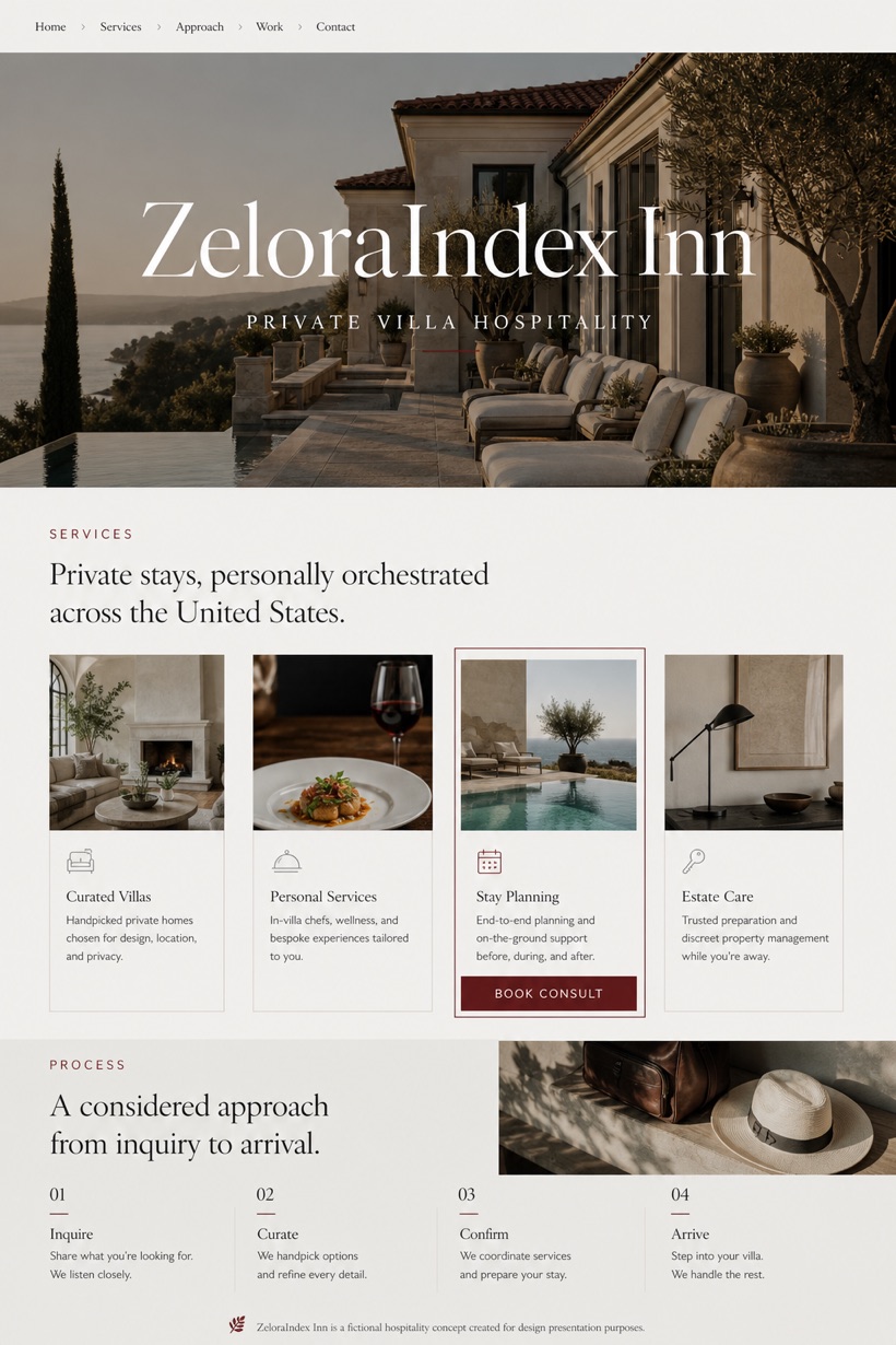 Hospitality website design for United States, showing a clear opening, service information, supporting content, and a focused inquiry action.