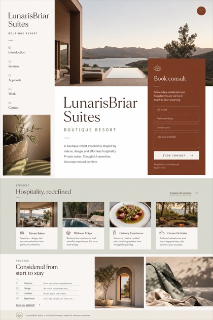 Hospitality website design for United States, showing a clear opening, service information, supporting content, and a focused inquiry action.