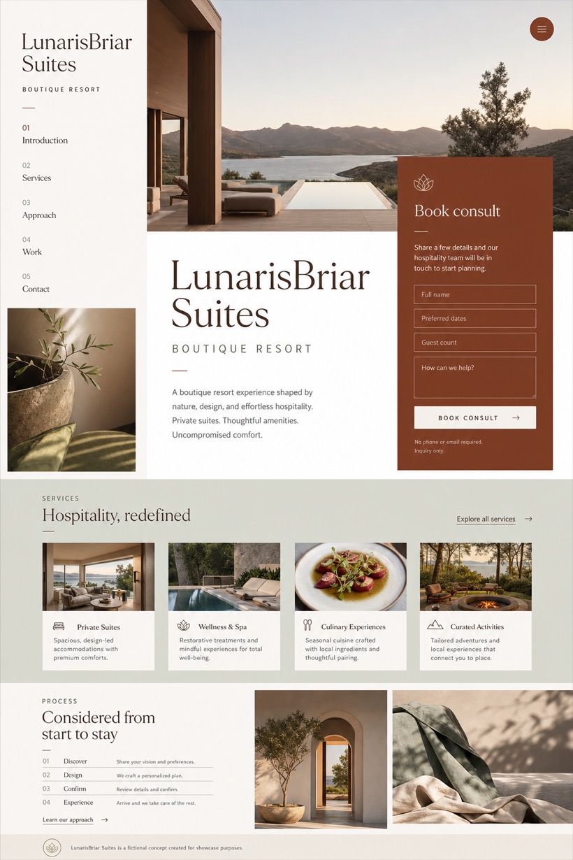 Hospitality website design for United States, showing a clear opening, service information, supporting content, and a focused inquiry action.