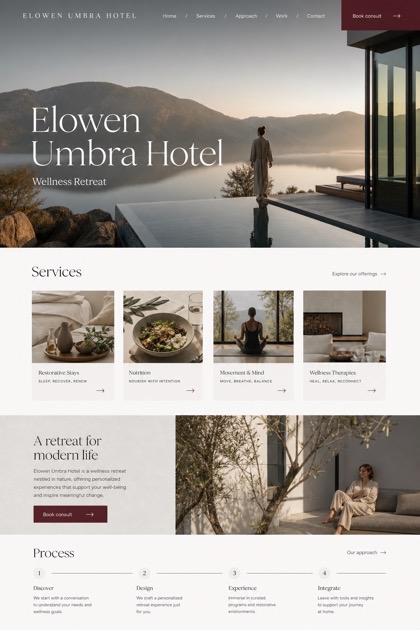 Hospitality website design for United States, showing a clear opening, service information, supporting content, and a focused inquiry action.