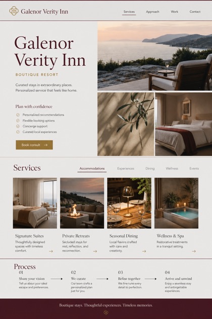 Hospitality website design for United States, showing a clear opening, service information, supporting content, and a focused inquiry action.