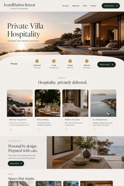 Hospitality website design for United States, showing a clear opening, service information, supporting content, and a focused inquiry action.