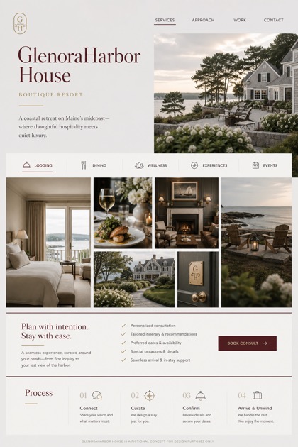 Hospitality website design for United States, showing a clear opening, service information, supporting content, and a focused inquiry action.
