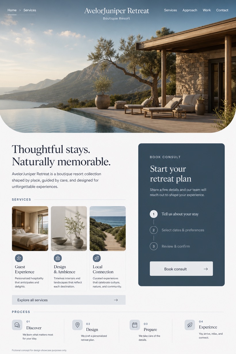 Hospitality website design for United States, showing a clear opening, service information, supporting content, and a focused inquiry action.