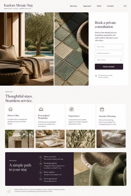 Hospitality website design for United States, showing a clear opening, service information, supporting content, and a focused inquiry action.