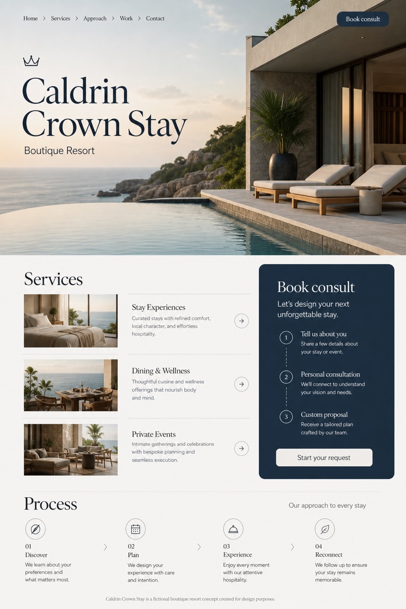 Hospitality website design for United States, showing a clear opening, service information, supporting content, and a focused inquiry action.
