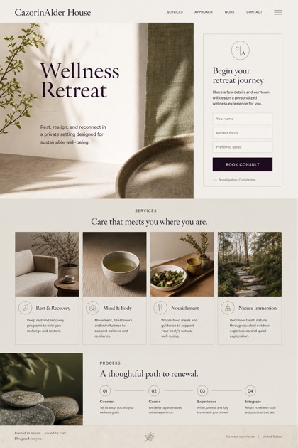 Hospitality website design for United States, showing a clear opening, service information, supporting content, and a focused inquiry action.