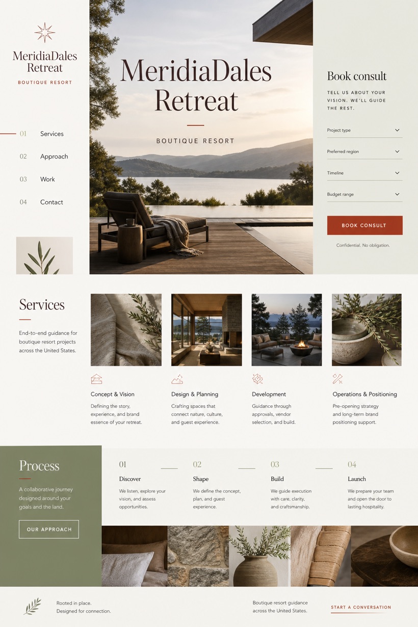 Hospitality website design for United States, showing a clear opening, service information, supporting content, and a focused inquiry action.