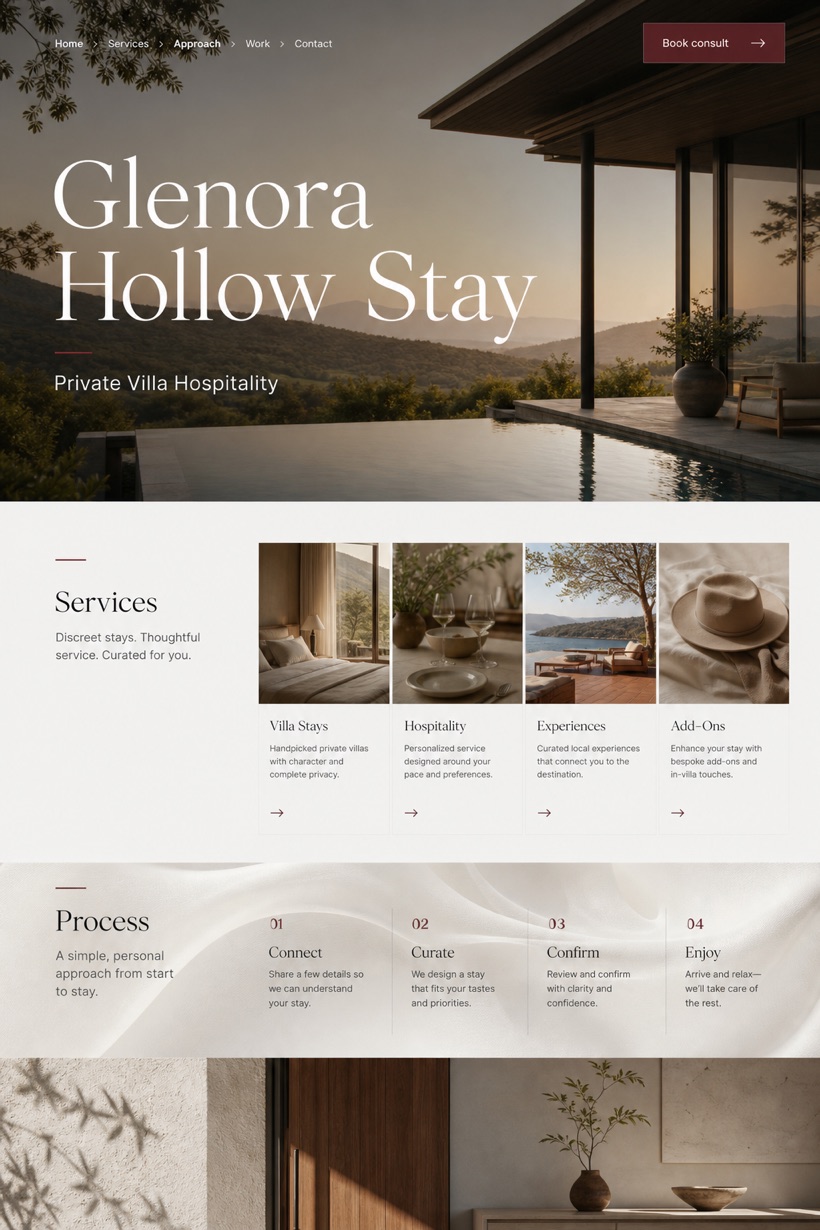 Hospitality website design for United States, showing a clear opening, service information, supporting content, and a focused inquiry action.