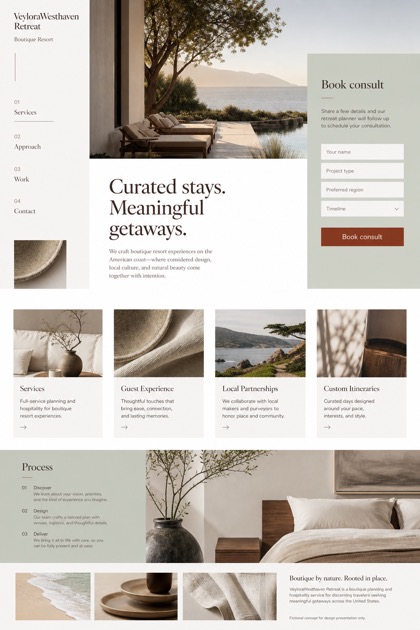 Hospitality website design for United States, showing a clear opening, service information, supporting content, and a focused inquiry action.
