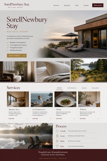 Hospitality website design for United States, showing a clear opening, service information, supporting content, and a focused inquiry action.