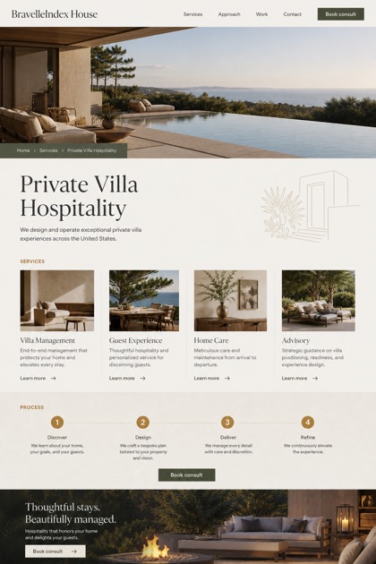 Hospitality website design for United States, showing a clear opening, service information, supporting content, and a focused inquiry action.