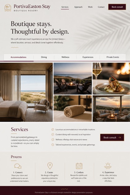 Hospitality website design for United States, showing a clear opening, service information, supporting content, and a focused inquiry action.