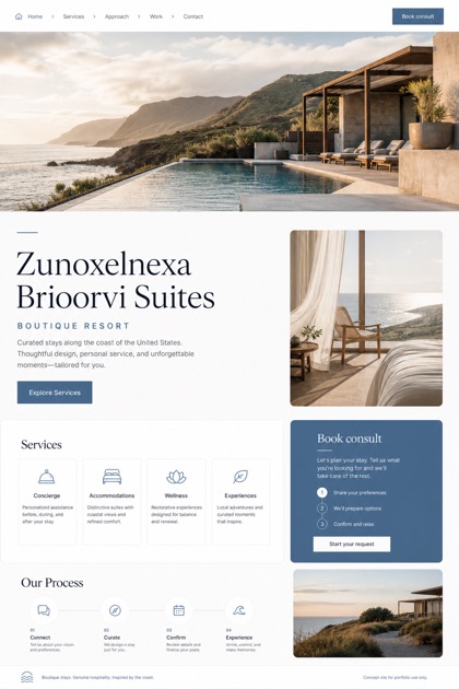 Hospitality website design for United States, showing a clear opening, service information, supporting content, and a focused inquiry action.