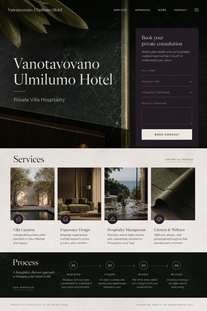 Hospitality website design for United States, showing a clear opening, service information, supporting content, and a focused inquiry action.