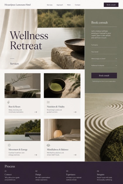 Hospitality website design for United States, showing a clear opening, service information, supporting content, and a focused inquiry action.