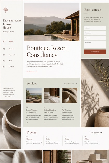 Hospitality website design for United States, showing a clear opening, service information, supporting content, and a focused inquiry action.