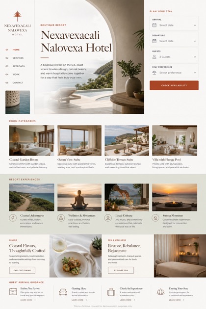 Hospitality website design for United States, showing a clear opening, service information, supporting content, and a focused inquiry action.