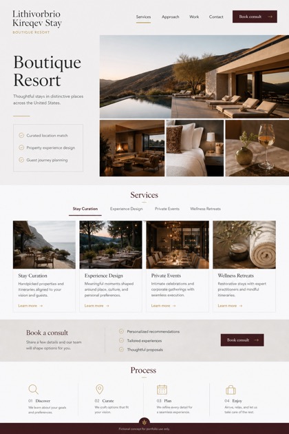 Hospitality website design for United States, showing a clear opening, service information, supporting content, and a focused inquiry action.