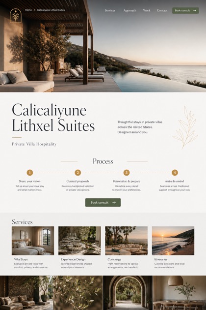 Hospitality website design for United States, showing a clear opening, service information, supporting content, and a focused inquiry action.