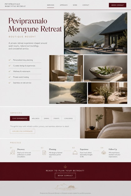 Hospitality website design for United States, showing a clear opening, service information, supporting content, and a focused inquiry action.