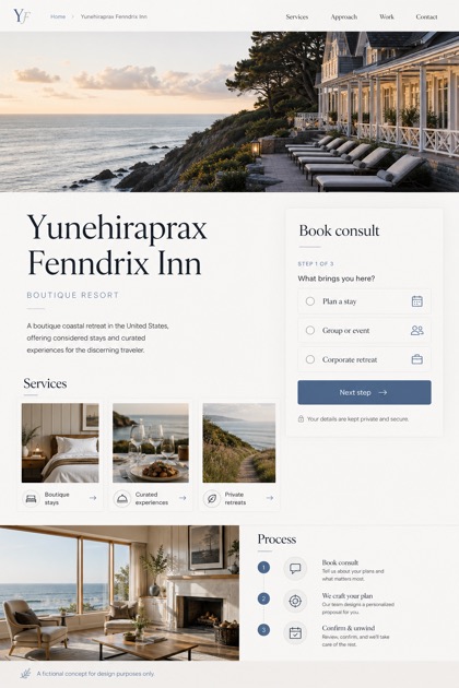 Hospitality website design for United States, showing a clear opening, service information, supporting content, and a focused inquiry action.