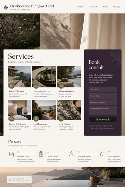 Hospitality website design for United States, showing a clear opening, service information, supporting content, and a focused inquiry action.