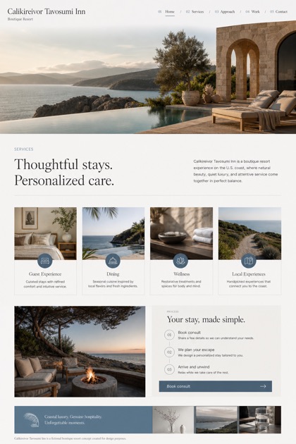 Hospitality website design for United States, showing a clear opening, service information, supporting content, and a focused inquiry action.