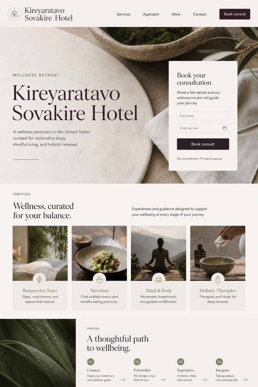 Hospitality website design for United States, showing a clear opening, service information, supporting content, and a focused inquiry action.