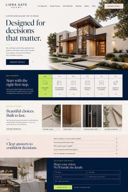 Fictional Liora Gate Rooms Custom home builder website design showcase in a 2:3 layout with service sections, FAQ, and inquiry action