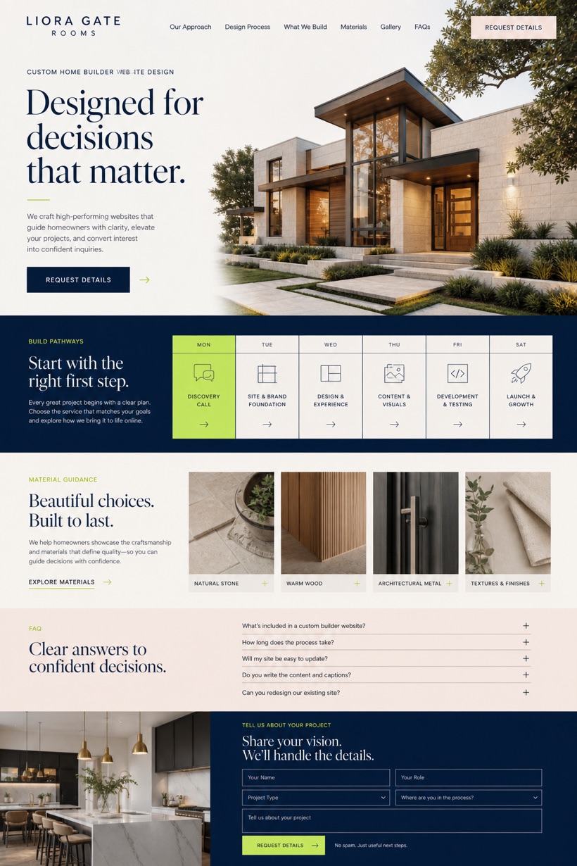 Fictional Liora Gate Rooms Custom home builder website design showcase in a 2:3 layout with service sections, FAQ, and inquiry action