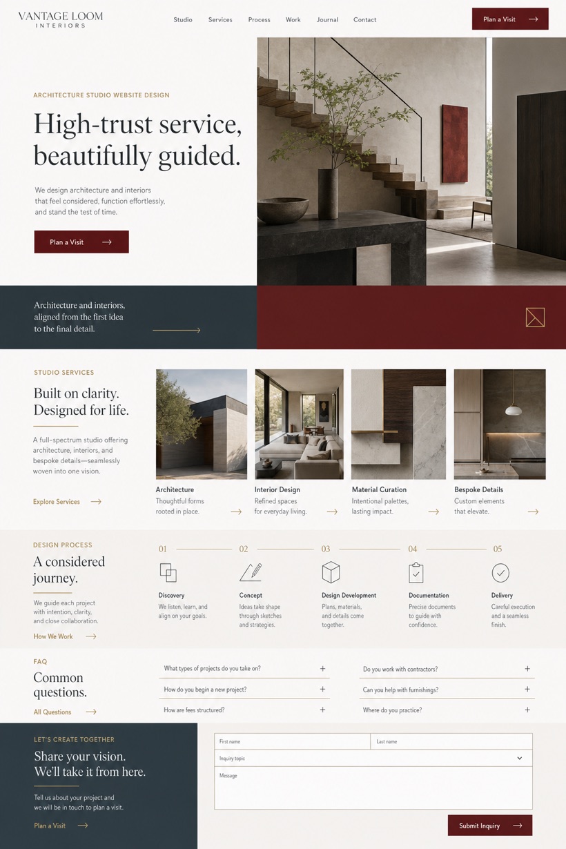 Fictional Vantage Loom Interiors Architecture studio website design showcase in a 2:3 layout with service sections, FAQ, and inquiry action