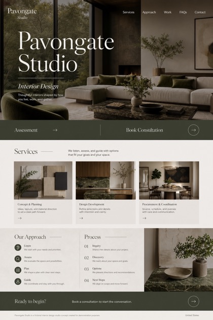 Architecture & Interiors website design for United States, showing a clear opening, service information, supporting content, and a focused inquiry action.